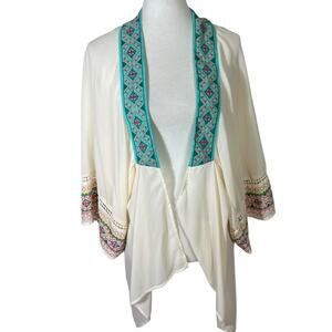 A.PEACH Cream Chiffon Embroidered Boho Festival Southwest Kimono Size S